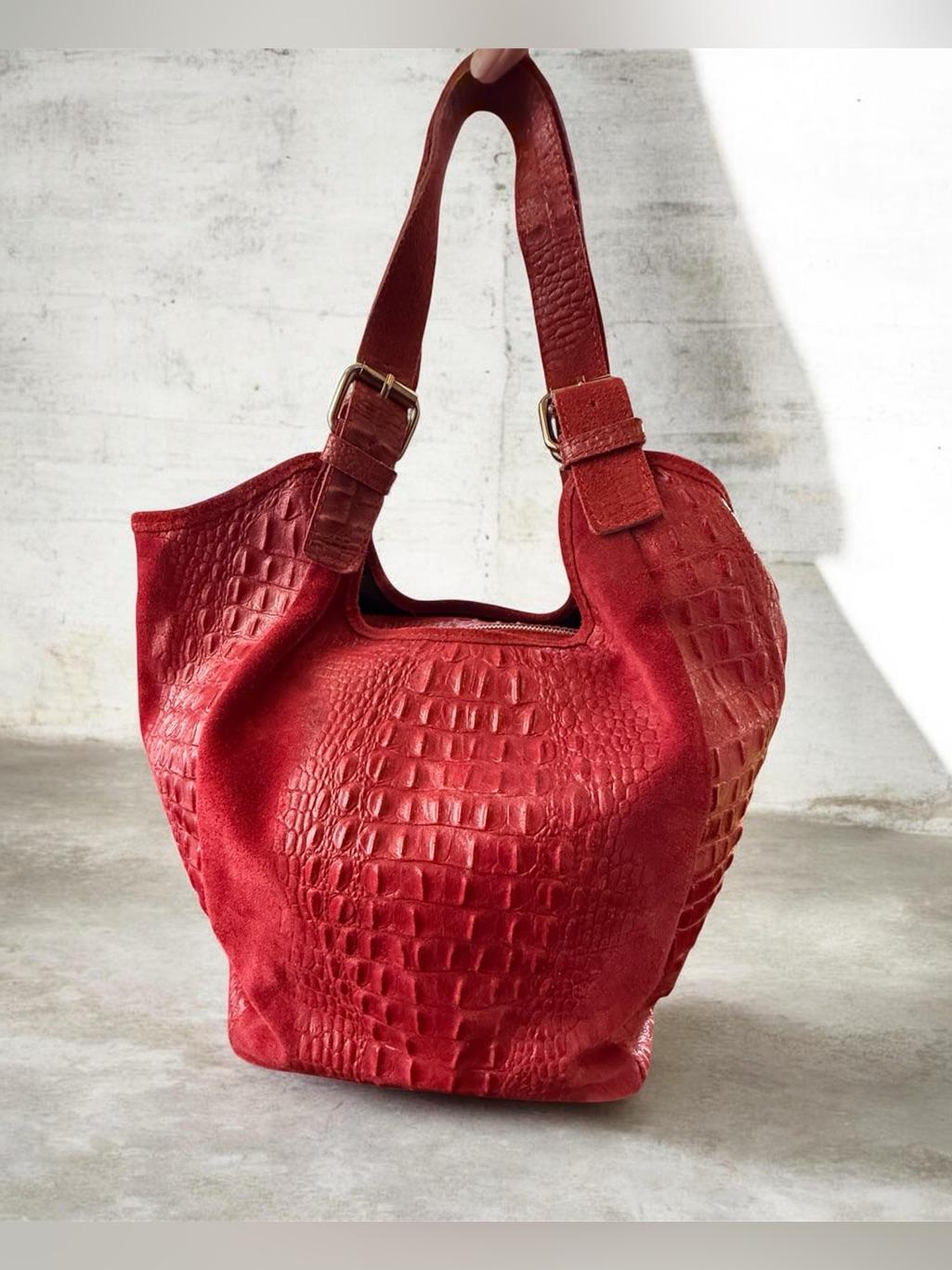 Red Croc-Embossed Genuine Italian Suede Hobo Bag